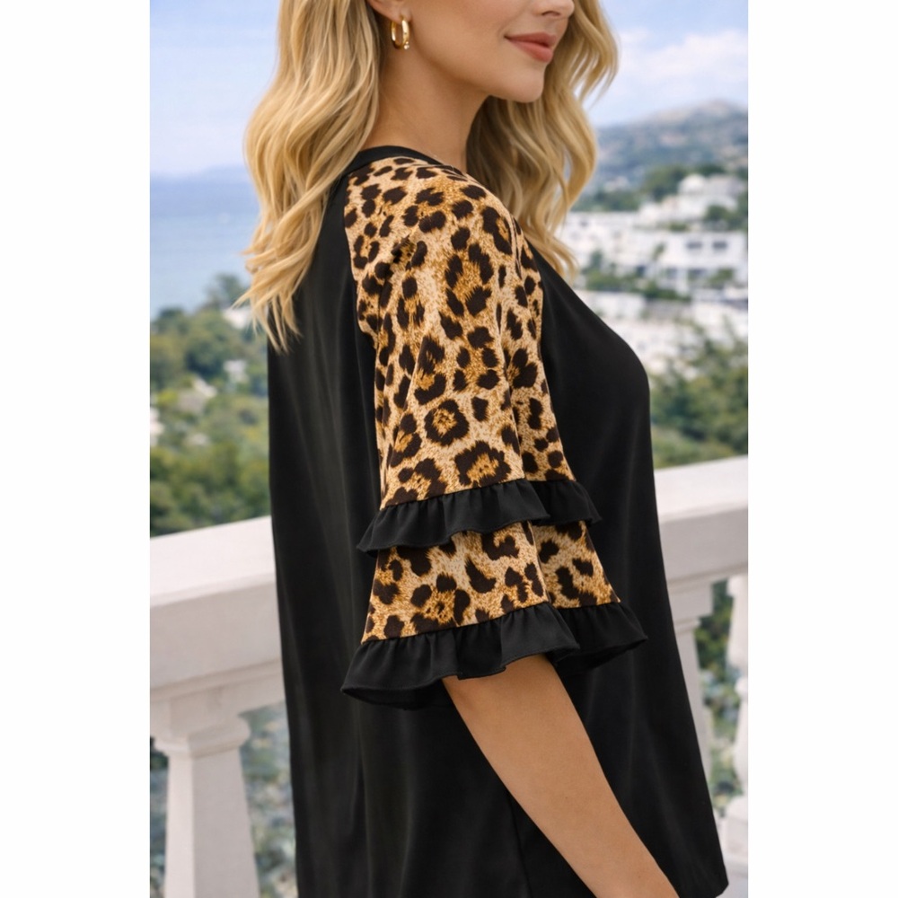 Soft Luxe Fabric Black Top with Leopard Multi Ruffle Sleeves - Picture 3 of 4